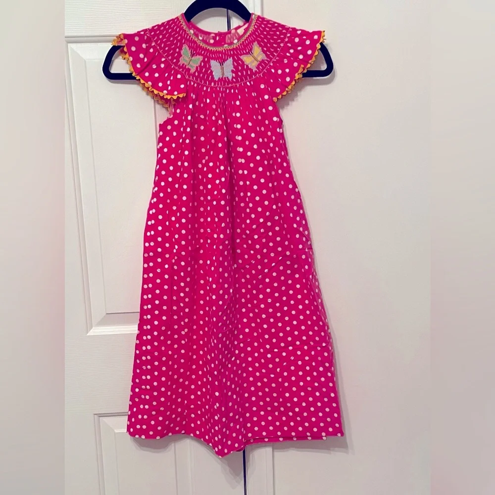 Mom & Me Girls Pink White Polka Dot Smoked Cotton Dress Sz 7